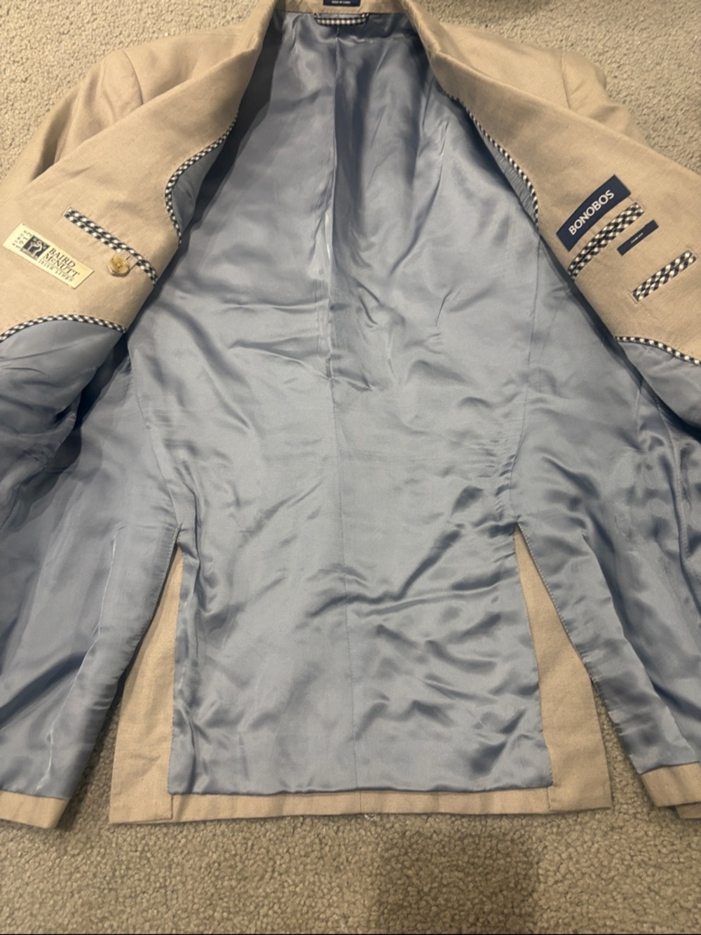 Bonobos Beige Sport Coat with Light Blue Satin Lining